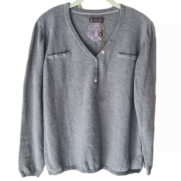 FIOR DA LISO Gray Equestrian V-neck Button Henley Long Sleeve COTTON Sweater XL - Picture 9 of 10